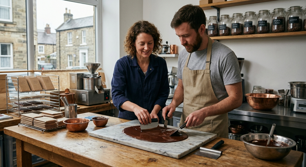 Two artisans working together in a bright, modern workshop, tempering melted chocolate on a marble slab using professional scrapers, with shelves of jars and equipment visible in the background