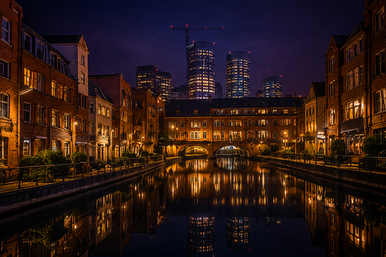 Birmingham city canal and skyline at night