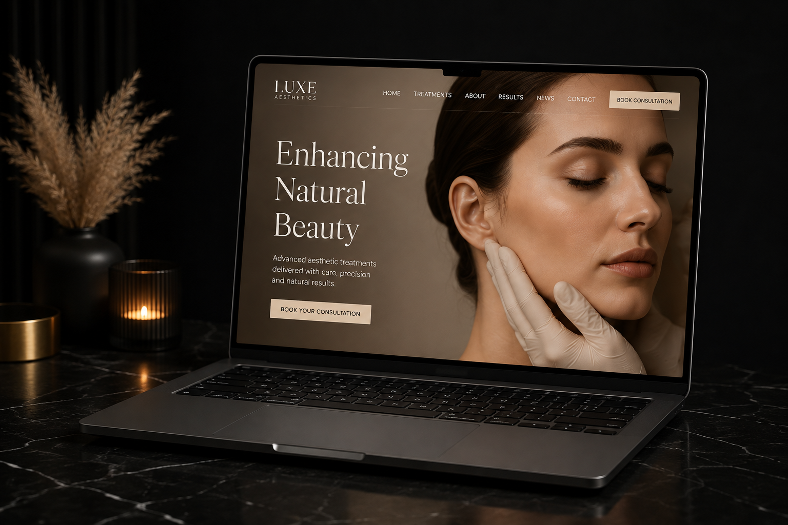 Premium aesthetic clinic website design displayed on a laptop