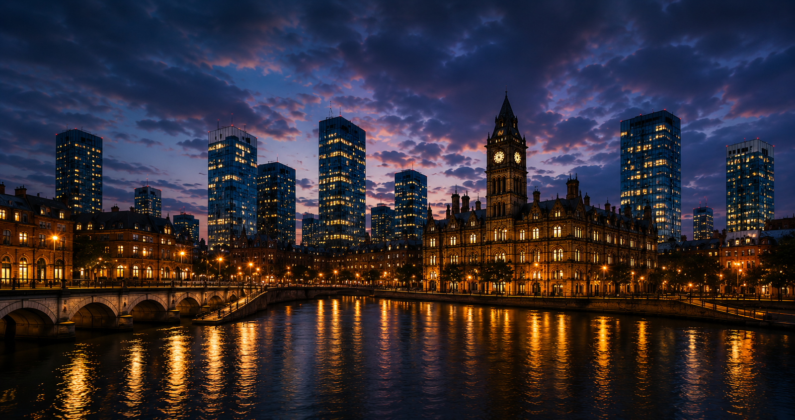 Manchester skyline at dusk