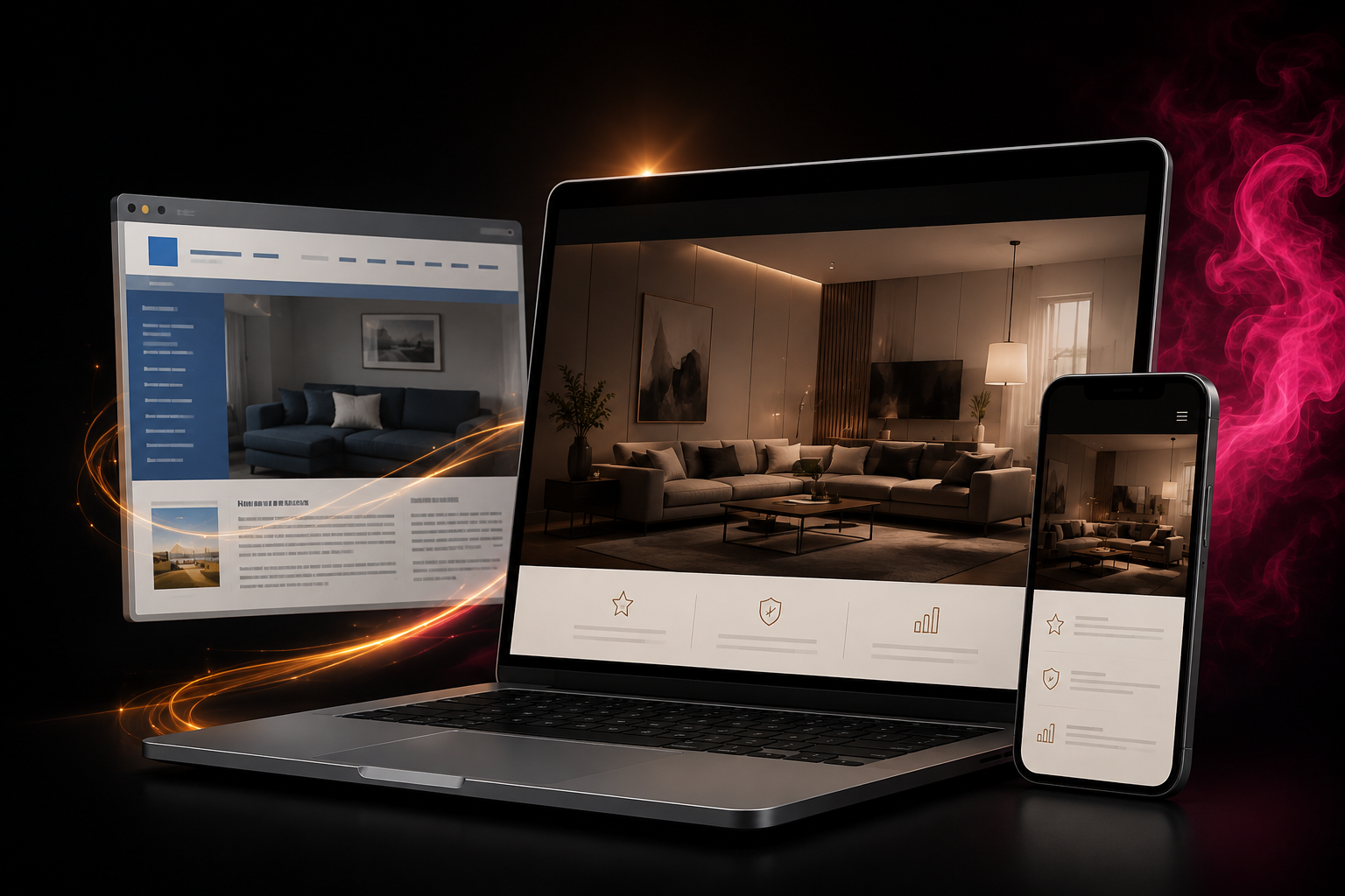 Website redesign before and after displayed on laptop and mobile devices